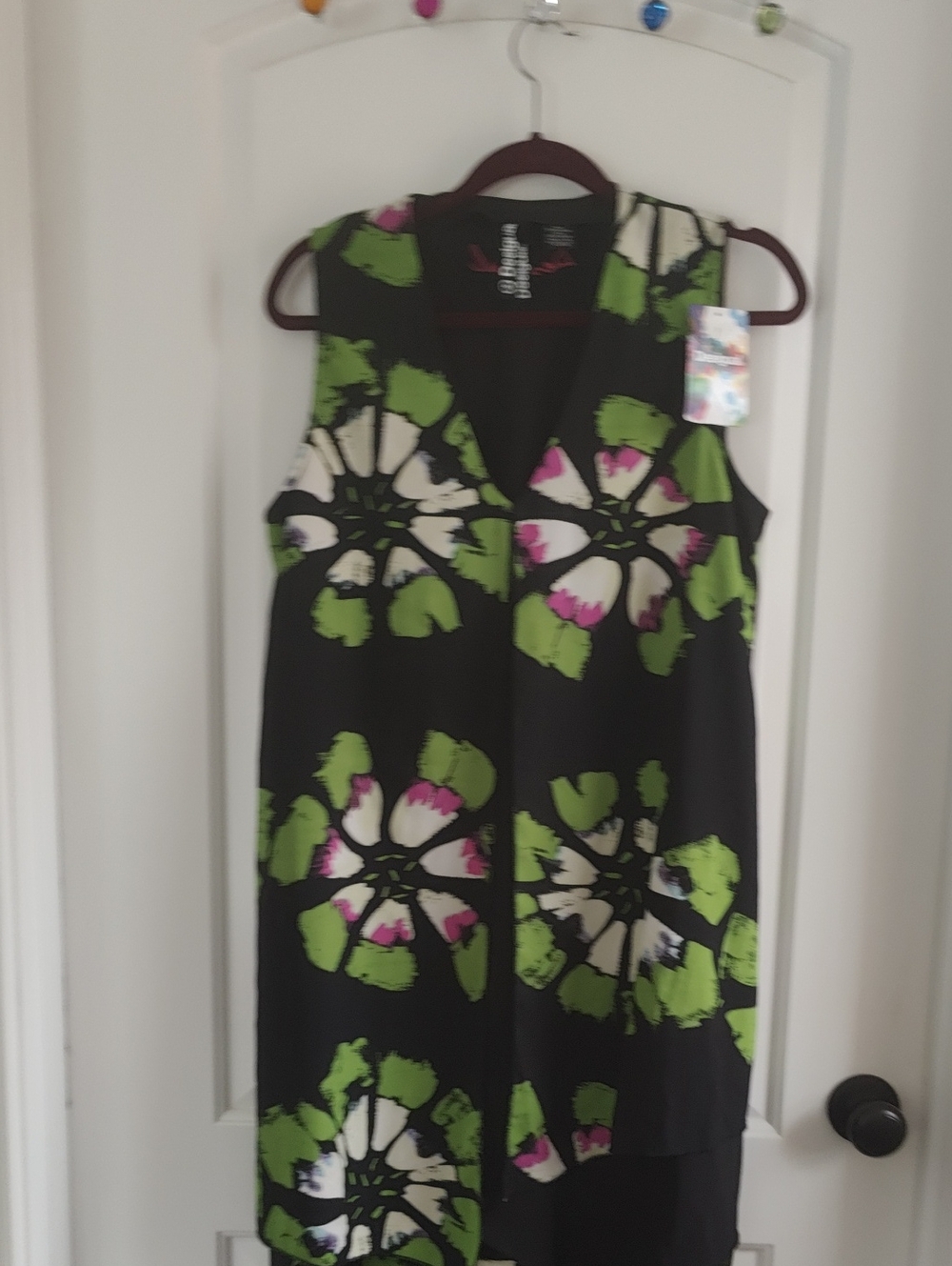 Desigual Sleeveless Black Floral V-Neck Asymmetrical Dress— Green & Pink Accents